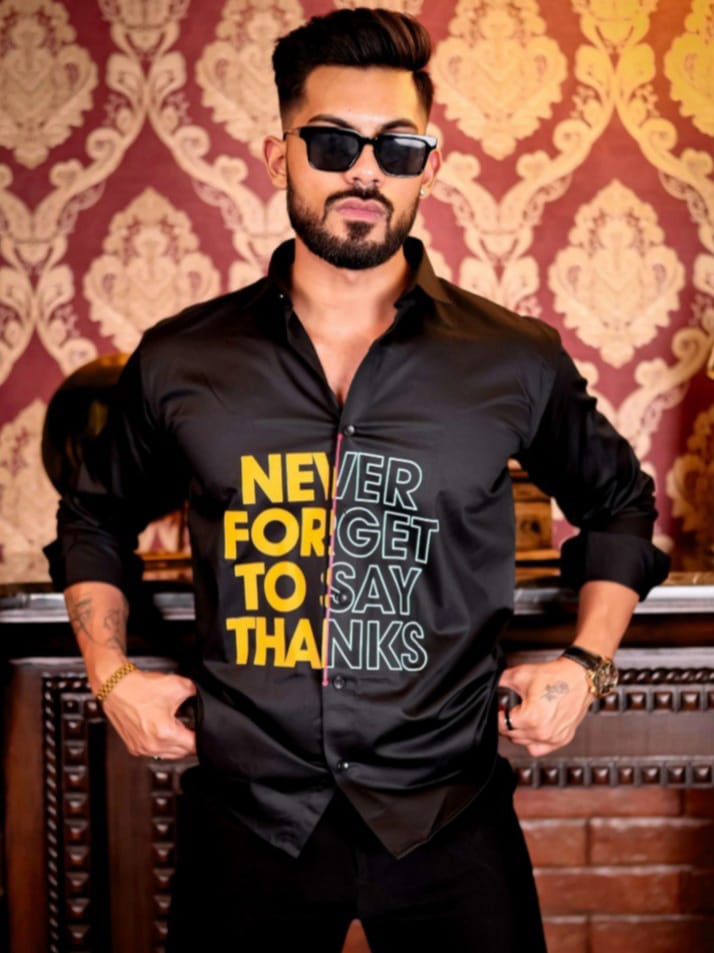 Streak Hawk Say Thanks Black Club Wear Printed Satin Cotton Shirt